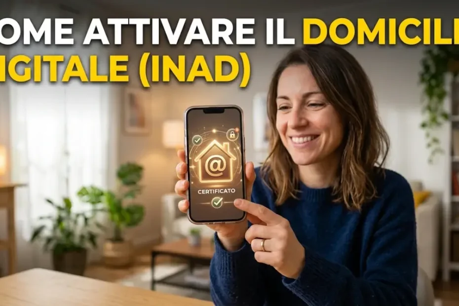 Una donna tiene in mano un telefono e sorride con il titolo Come attivare il domicilio digitale INAD.