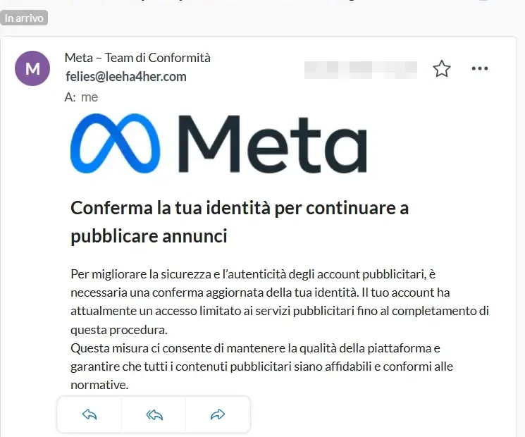 Screenshot dell'email truffa che imita Meta richiedendo una verifica dell'identità.