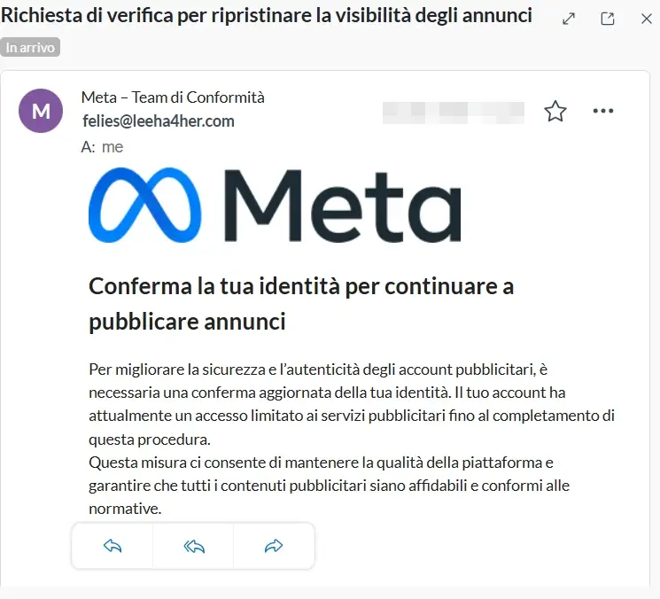 Screenshot dell'email truffa che imita Meta richiedendo una verifica dell'identità.
