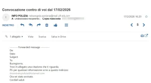 Screenshot dell'email che imita la Polizia e invita a scaricare un allegato e cliccare il link per approfondire riguardo una citazione.