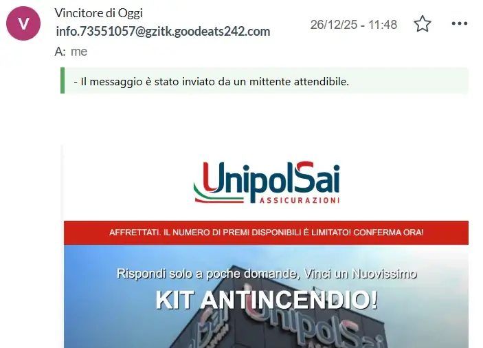 Screenshot dell'email truffa che imita Unipol Sai e promette un kit antincendio in cambio di un sondaggio per rubare i dati della carta degli utenti.