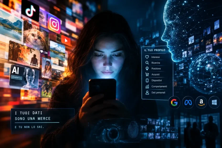 Immagine futuristica e tecnologica con riferimenti a colossi del web che attuano profilazione degli utenti.