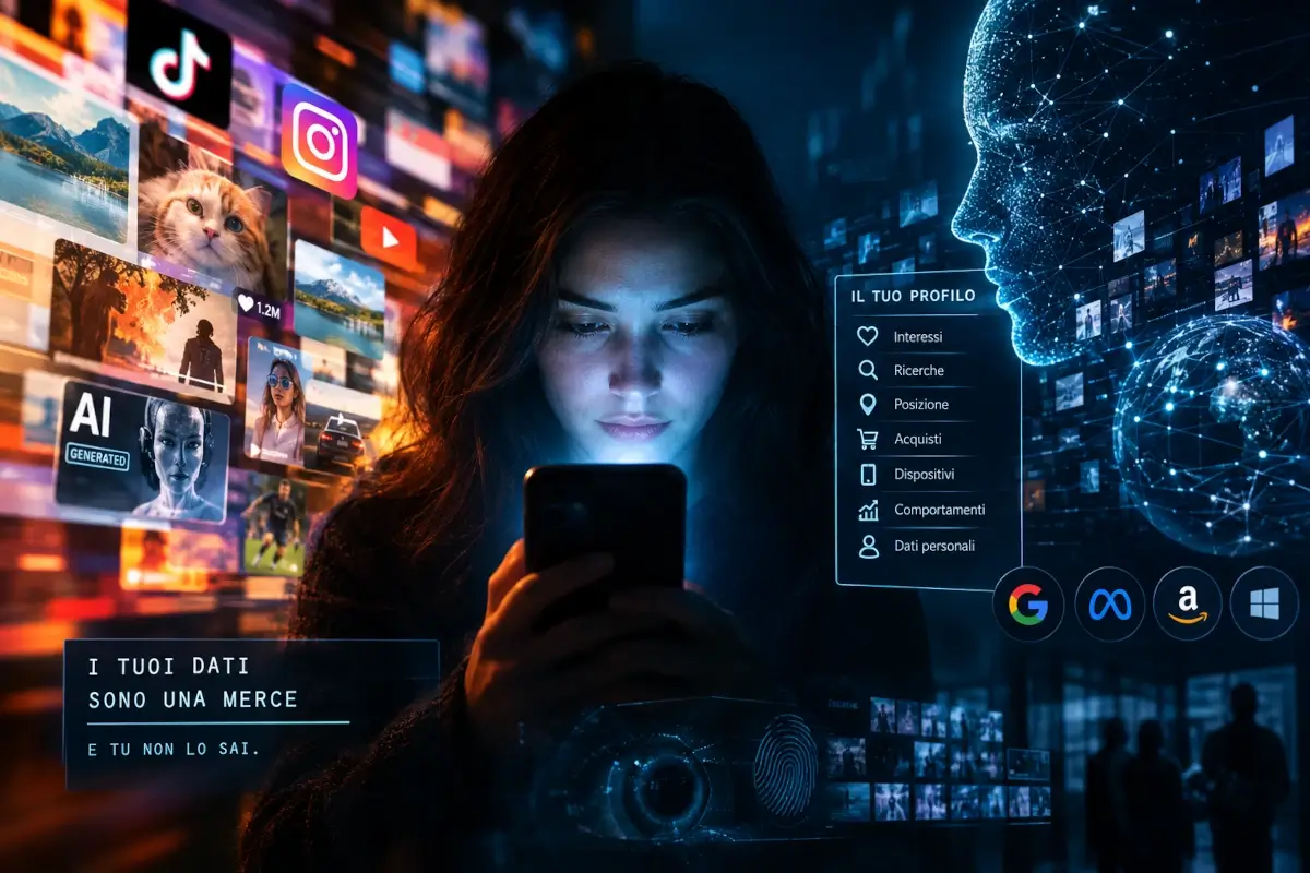 Immagine futuristica e tecnologica con riferimenti a colossi del web che attuano profilazione degli utenti.