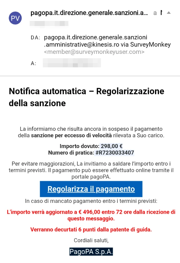 Screenshot reale della truffa email che imita PagoPa per un avviso di regolarizzazione sanzione.