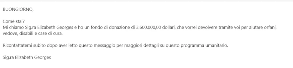 Screenshot della falsa mail di Elizabeth Georges che propone una donazione per i bambini e chiede di essere ricontattata.
