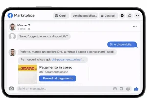 Esempio generato artificialmente di chat Facebook marketplace con acquirente truffatore che propone pagamento al corriere.