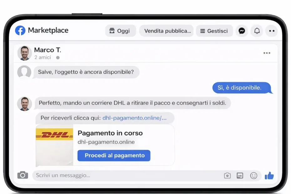 Esempio generato artificialmente di chat Facebook marketplace con acquirente truffatore che propone pagamento al corriere.