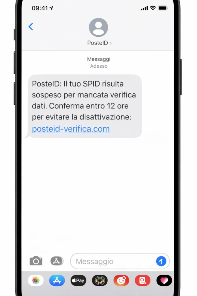 Immagine generata artificialmente del SMS ricevuto da molti utenti che imita PosteID e invita a cliccare un link per riattivare lo SPID.