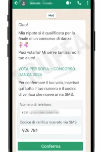 Screenshot generato del messaggio su WhatsApp che invita a votare la nipote ballerina ma è una truffa per rubare l'account.