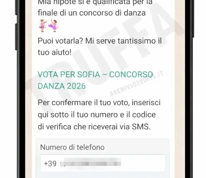 Screenshot generato del messaggio su WhatsApp che invita a votare la nipote ballerina ma è una truffa per rubare l'account.